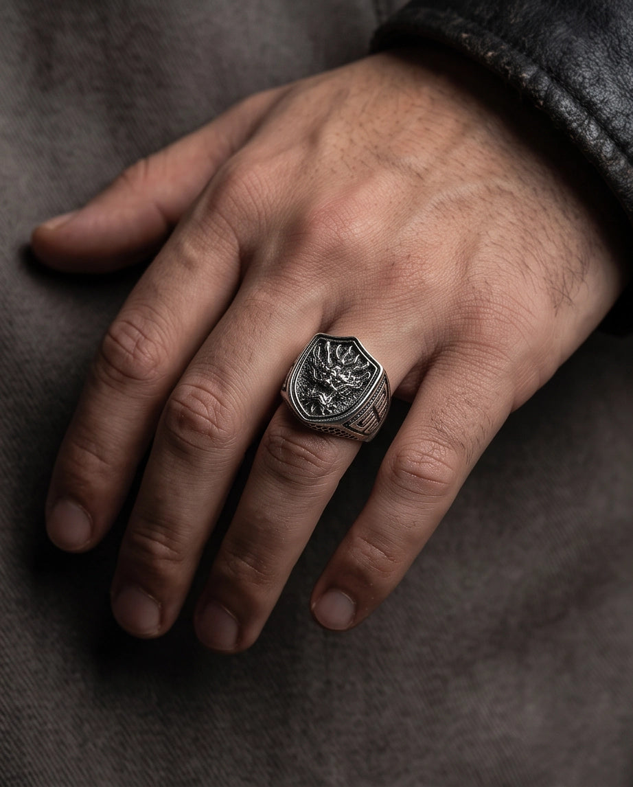 Draconic Shield Crest Silver Signet Ring