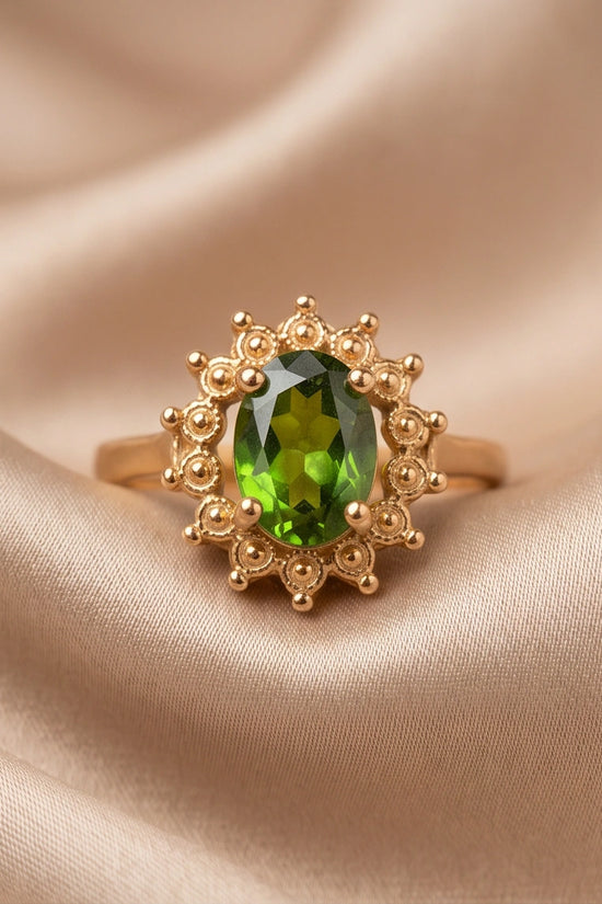 Vintage 14K Gold Oval Peridot Victorian Halo Ring
