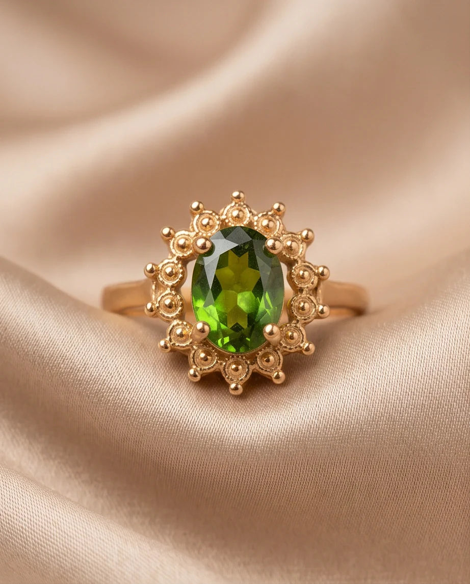 Vintage Gold Oval Peridot Victorian Halo Ring
