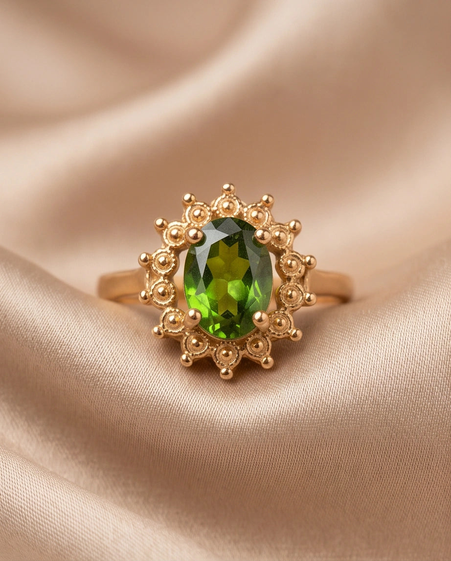 Vintage 14K Gold Oval Peridot Victorian Halo Ring