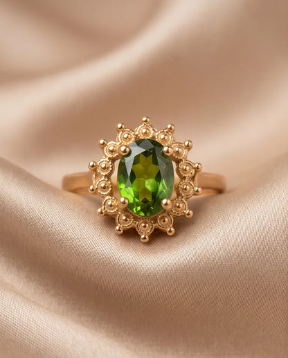 Vintage Gold Oval Peridot Victorian Halo Ring