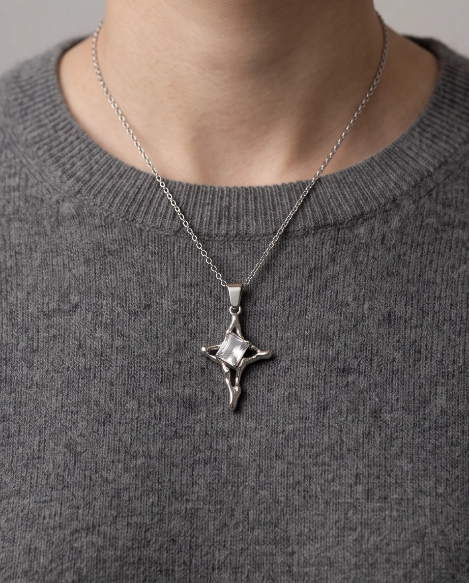 Silver Clear Gemstone Gothic Cross Pendant Necklace