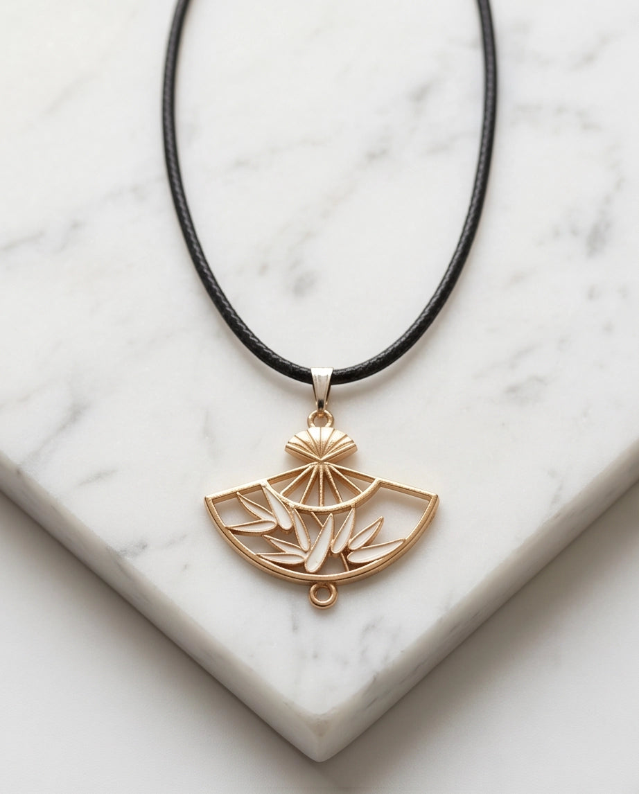 White Leaf Bamboo Fan Pendant Necklace