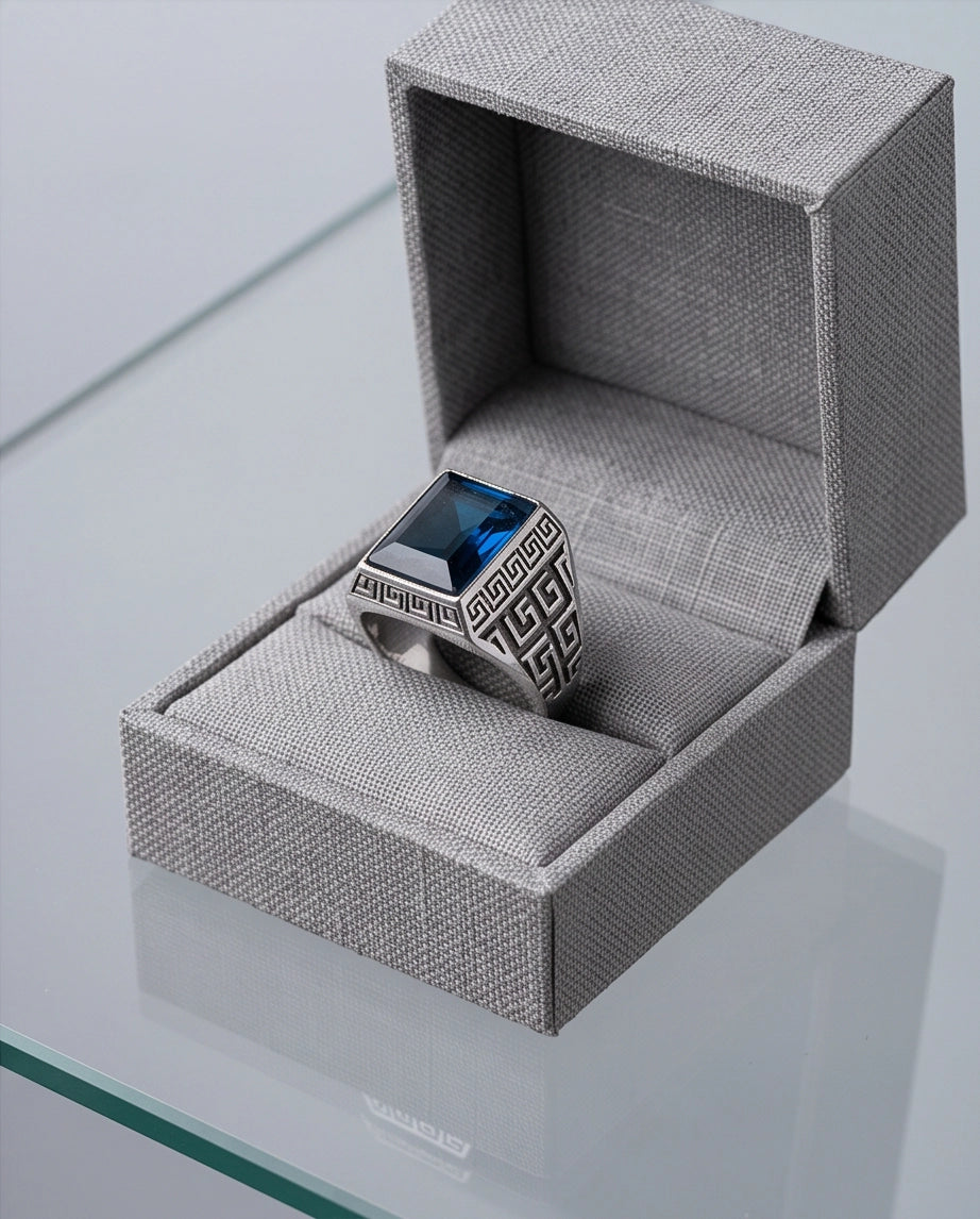 Deep Sapphire Emerald-Cut Gemstone Greek Key Silver Ring