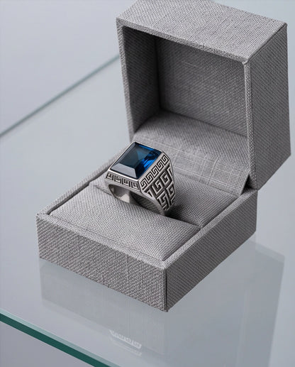 Deep Sapphire Emerald-Cut Gemstone Greek Key Silver Ring