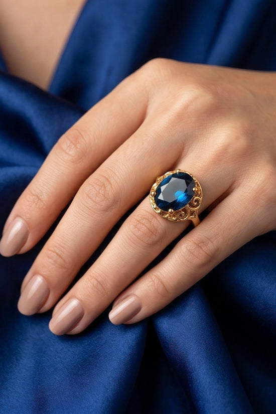 Gold Plated London Blue Oval Baroque Ring