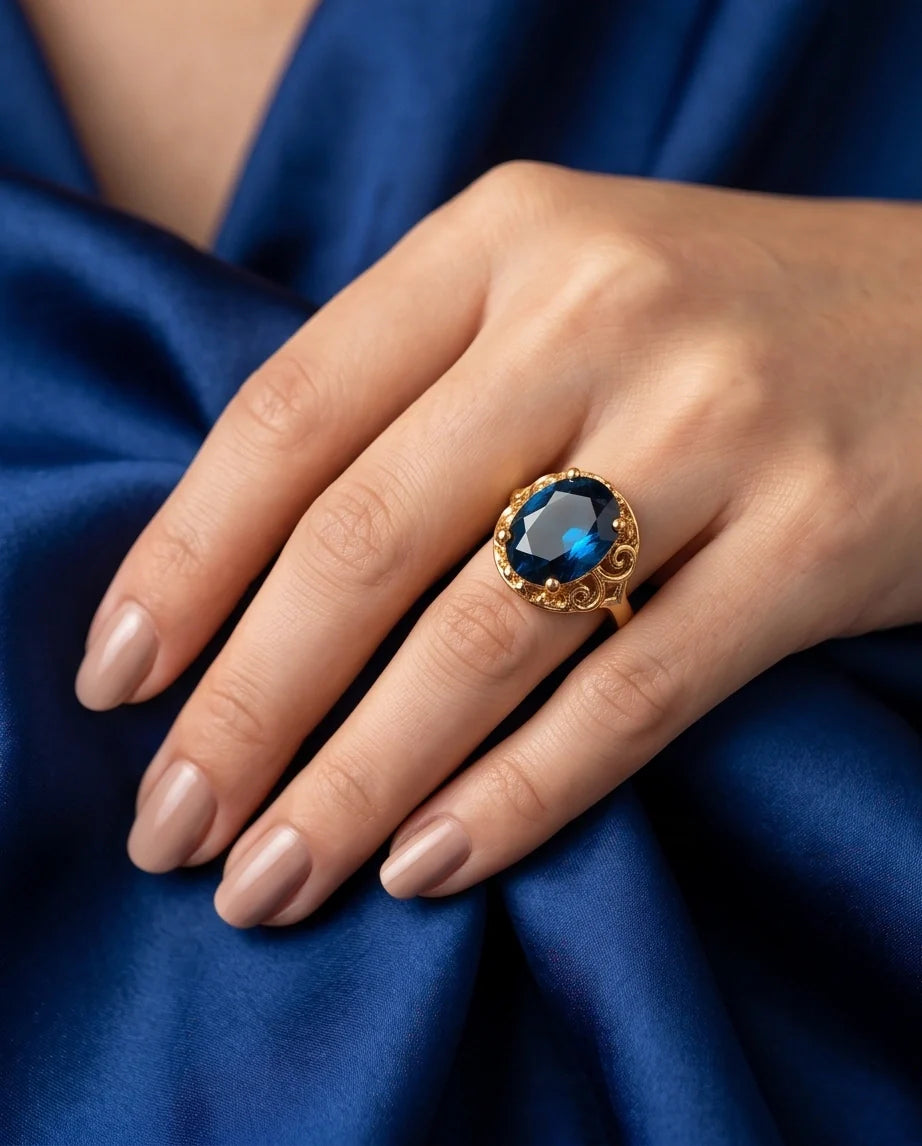 Gold Plated London Blue Oval Baroque Ring