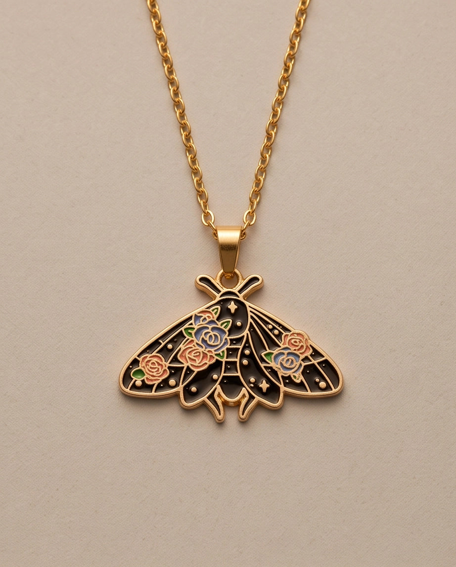 Gold Floral Moth Enamel Chain Necklace