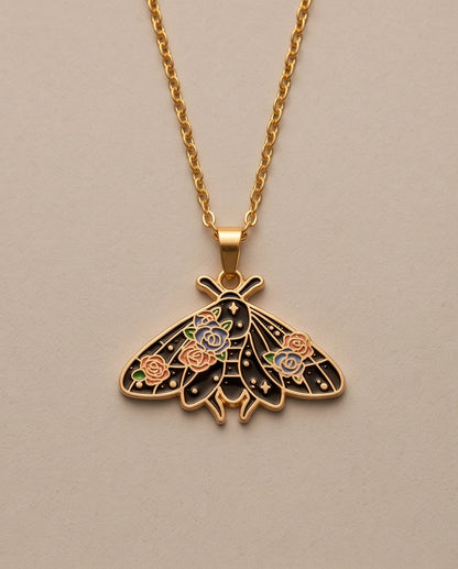 Gold Floral Moth Enamel Chain Necklace