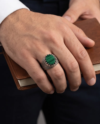 Malachite-Style Oval Cabochon Crown Bezel Chevron Stippled Silver Ring