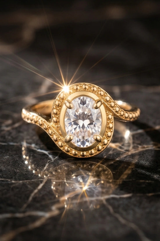 Luxury 14K Gold Oval Moissanite Swirl Beaded Ring