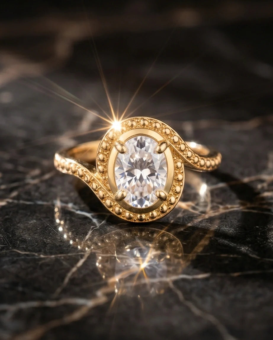 Luxury Gold Oval Moissanite Swirl Beaded Ring