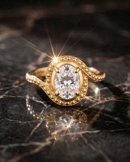 Luxury Gold Oval Moissanite Swirl Beaded Ring