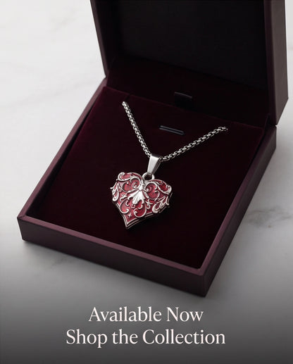 Silver Red Enamel Filigree Heart Pendant Necklace