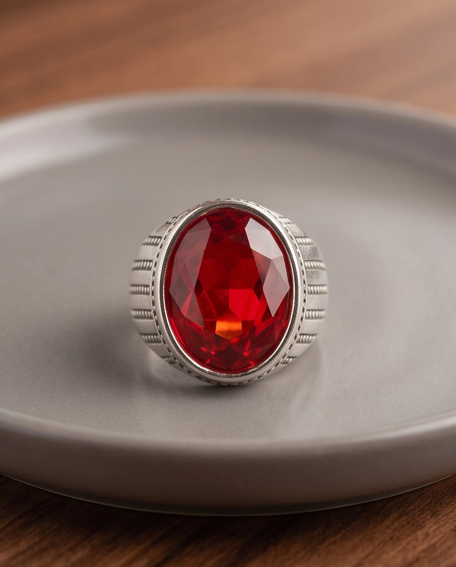 Ruby Gemstone Beaded Surround Vertical Ribbed Silver Ring