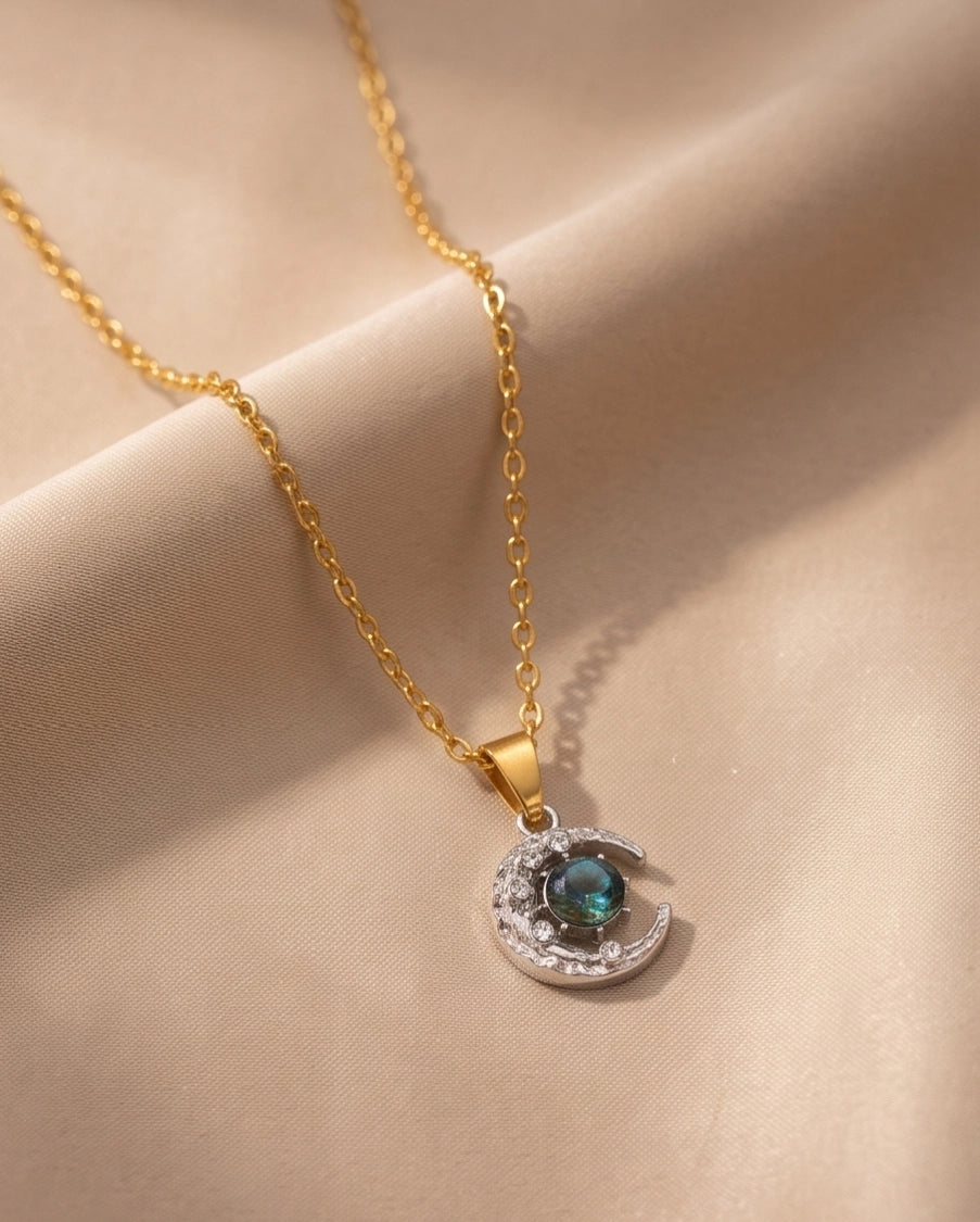 Silver Hammered Crescent Moon Galaxy Stone Pendant Necklace