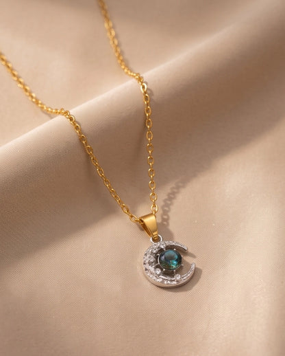Silver Hammered Crescent Moon Galaxy Stone Pendant Necklace