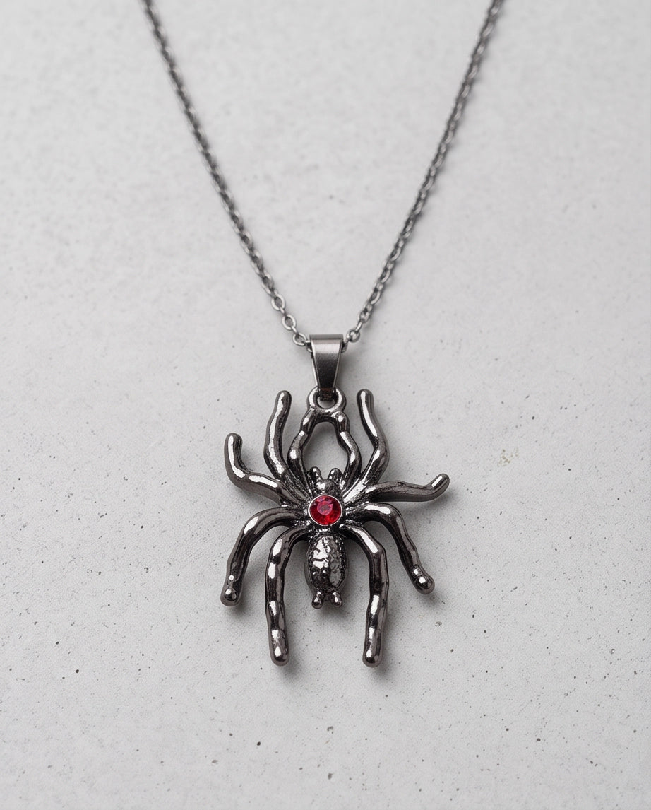 Black Spider Red Round Crystal Gem Pendant Necklace