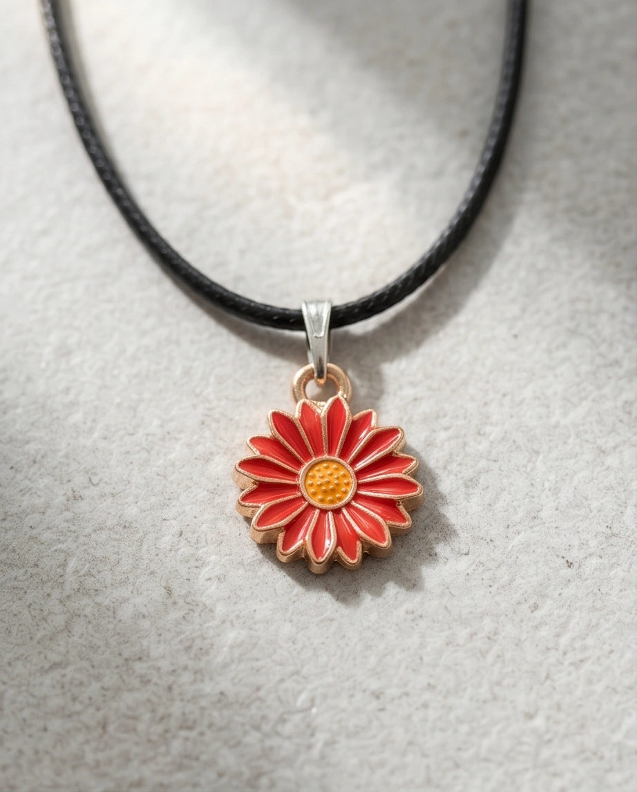 Gold and Red Sunflower Pendant Necklace