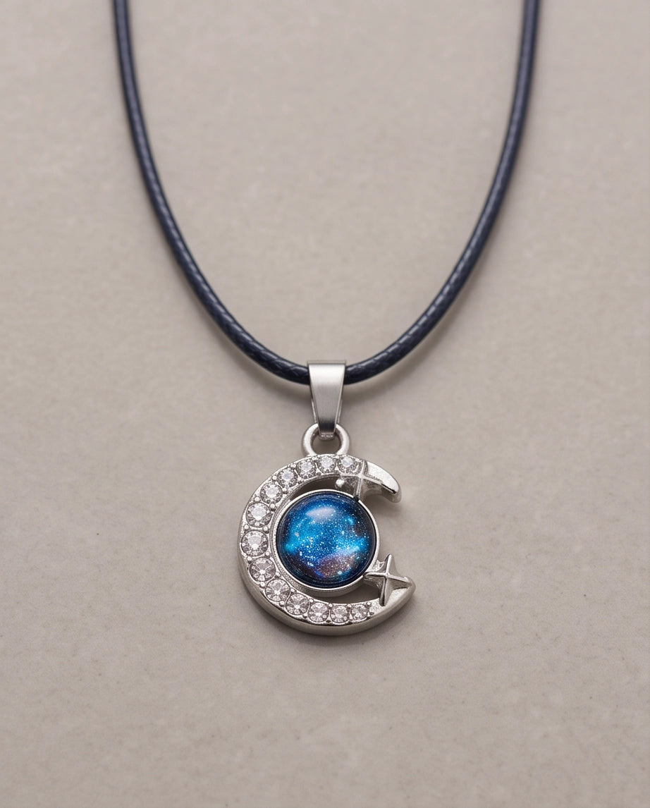 Silver Cosmic Galaxy Crescent Moon Pendant Necklace