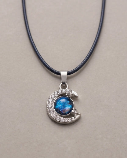 Silver Cosmic Galaxy Crescent Moon Pendant Necklace
