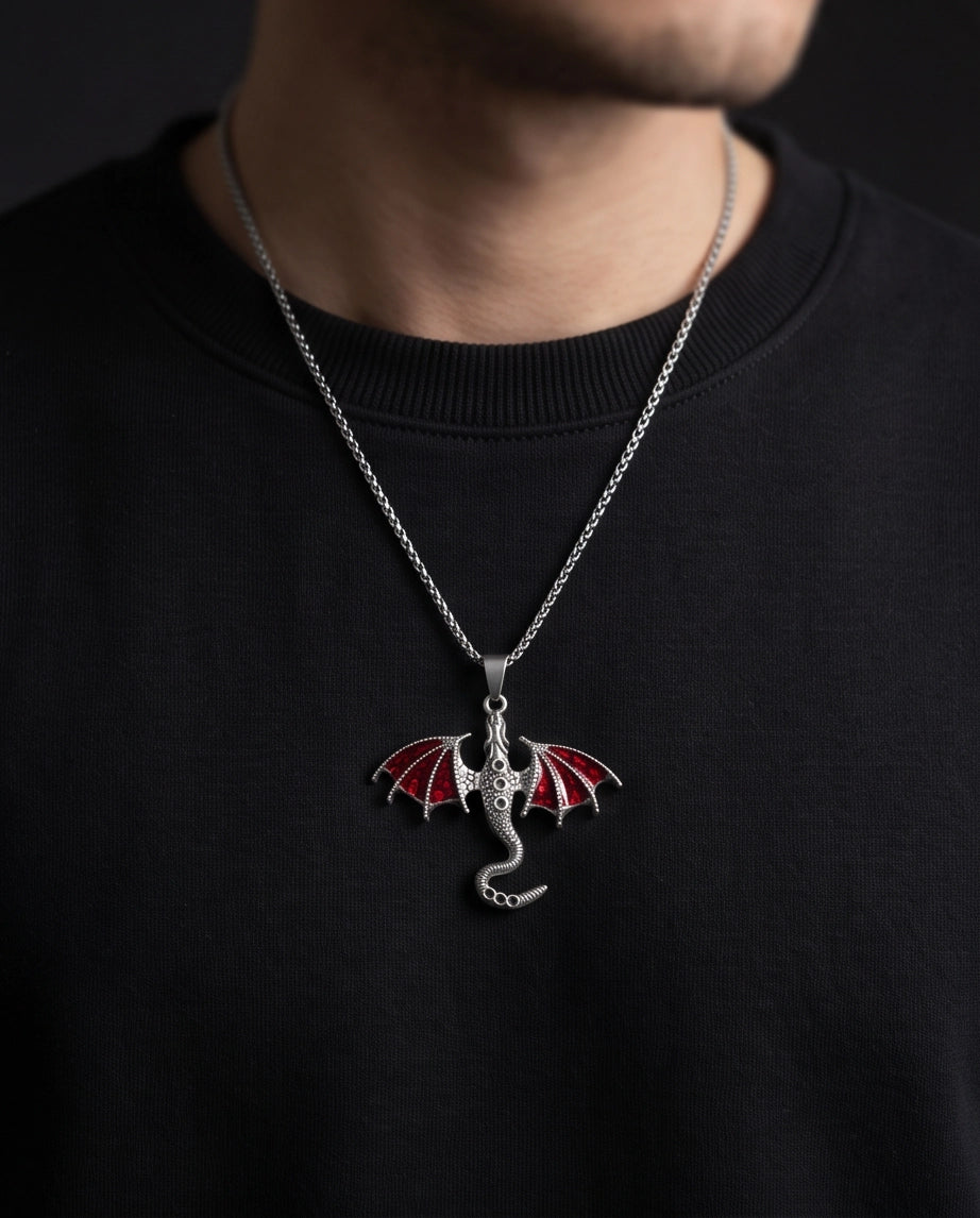 Silver Red Enamel Dragon Wyvern Pendant Necklace
