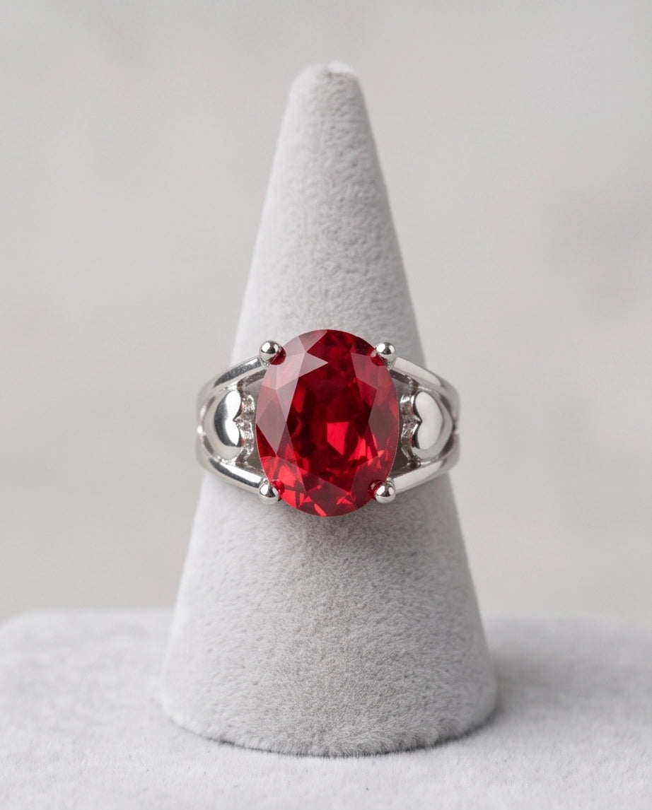 Silver Oval Ruby Heart Detail Solitaire Ring