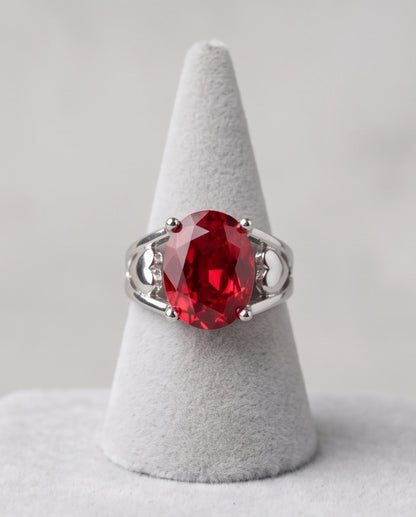 Silver Oval Ruby Heart Detail Solitaire Ring