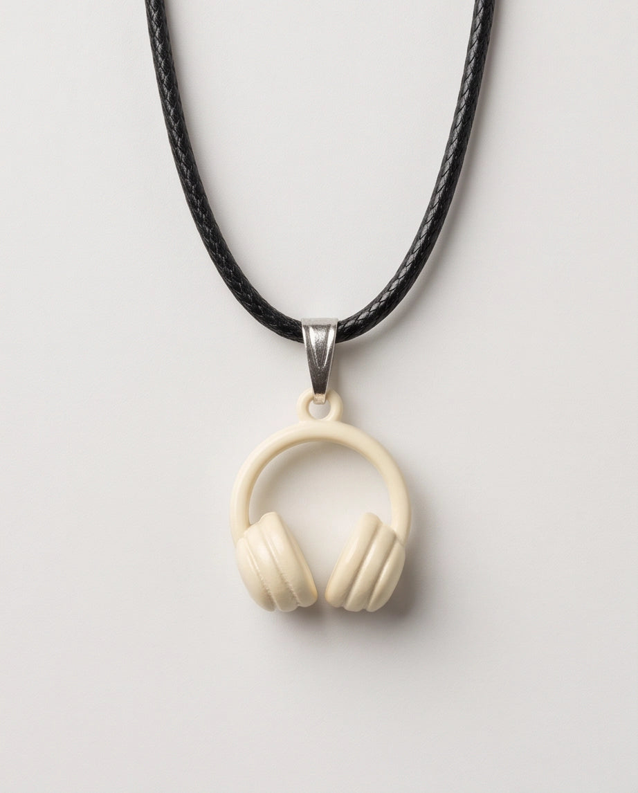 Cream White Headphones Enamel Pendant Necklace