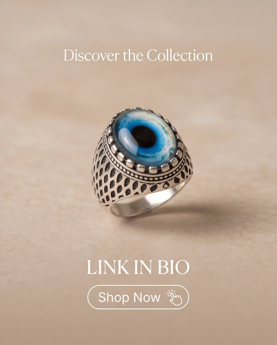 Royal Blue-Rimmed Evil Eye Cabochon Honeycomb-Band Silver Ring