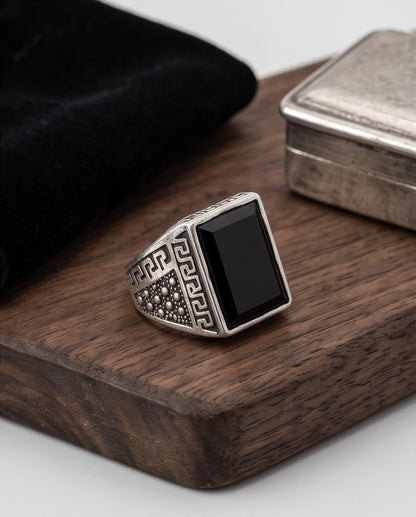 Onyx Gemstone Rectangular Flat-Top Greek Key Silver Ring