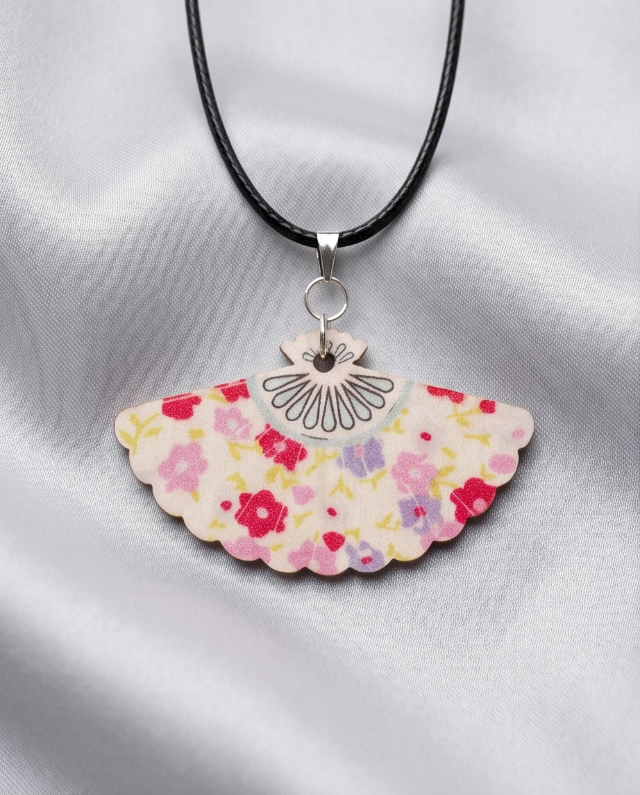 Vintage Pastel Pink Floral Hand-Fan Pendant Necklace