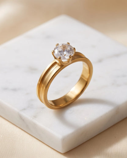 Gold Round Gemstone Grooved Solitaire Ring