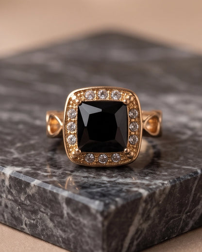 Black Onyx Cushion Halo Gold Ring