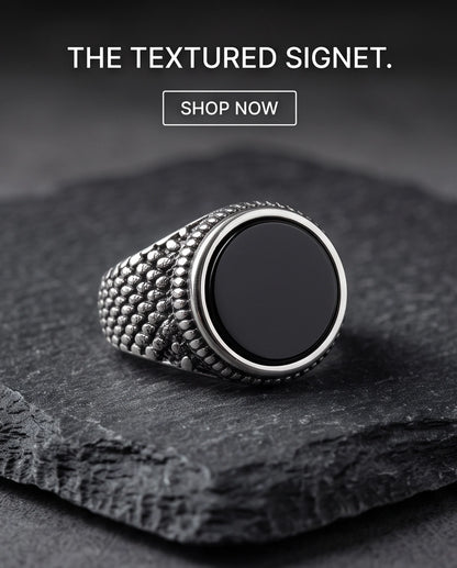 Onyx-Style Round Cabochon Beaded Scale Texture Silver Ring