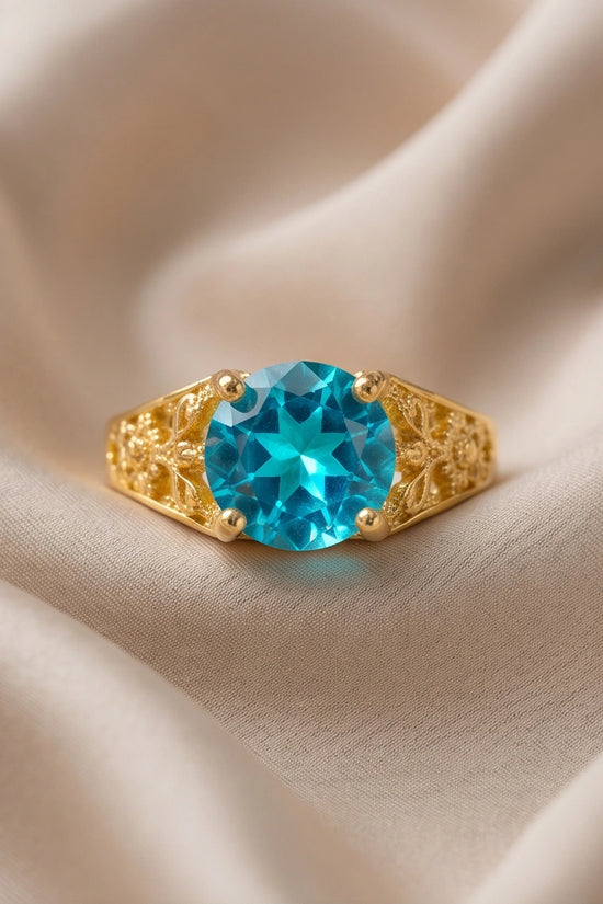 Golden Aquamarine Azure Filigree Ring