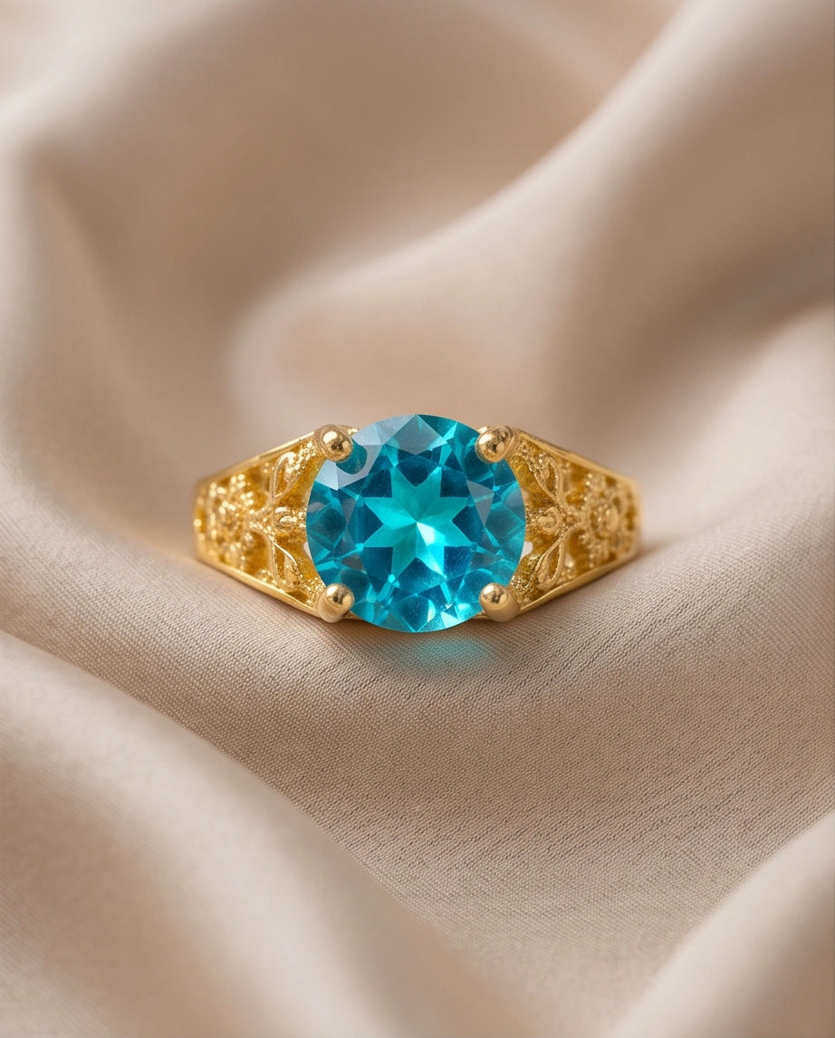 Golden Aquamarine Azure Filigree Ring