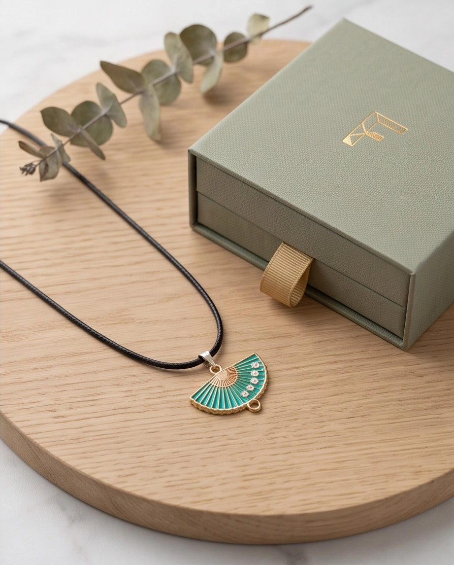 Teal Floral Fan Pendant Necklace