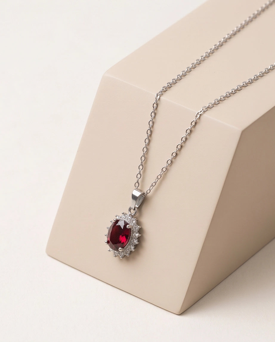 Silver Ruby Red Oval Halo Medallion Pendant Necklace