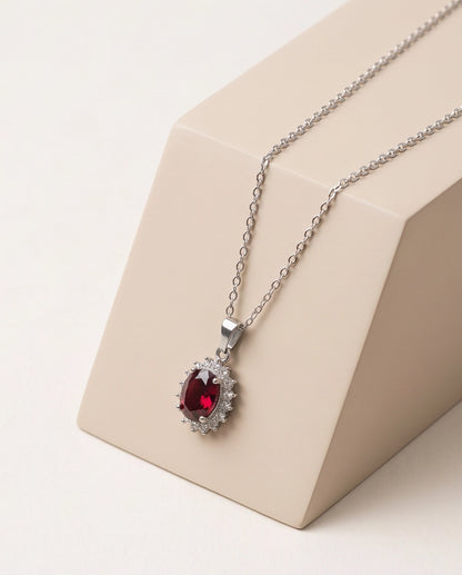 Silver Ruby Red Oval Halo Medallion Pendant Necklace