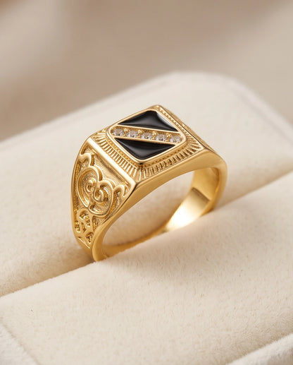 Onyx-Inlay Channel Pavé Diagonal Striped Filigree Gold Ring