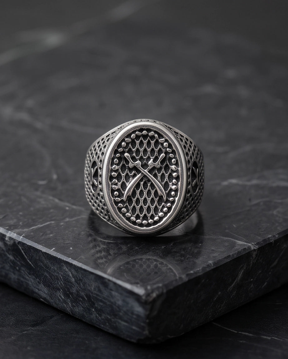 Crossed Scimitars Mesh Signet Ring