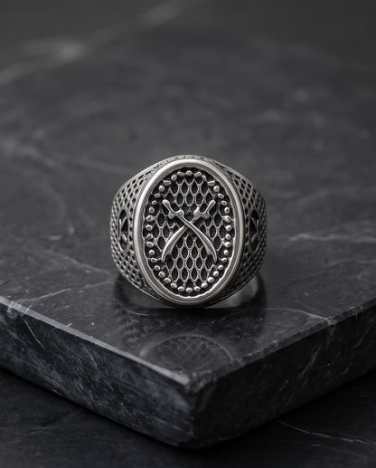 Crossed Scimitars Mesh Signet Ring