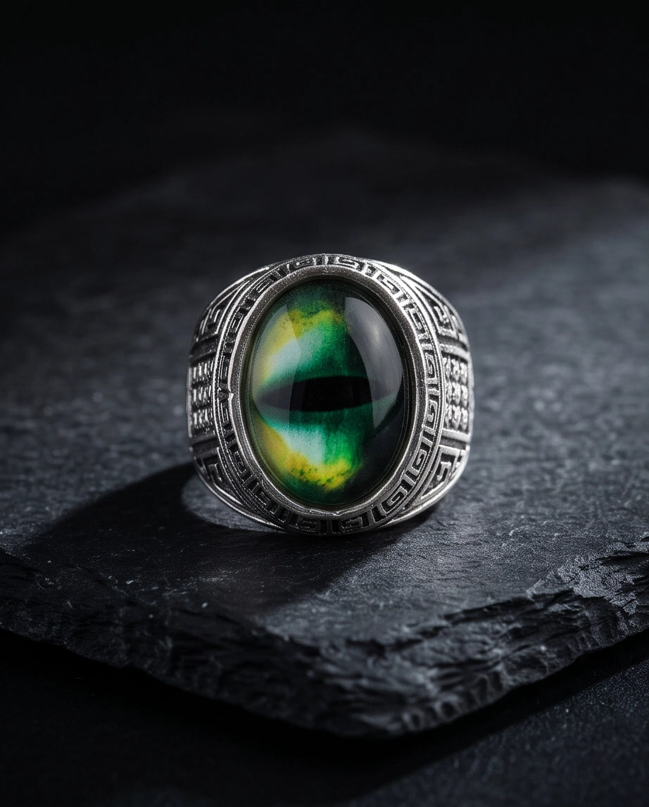 Emerald Green Slit-Pupil Dragon-Eye Greek Key Silver Ring