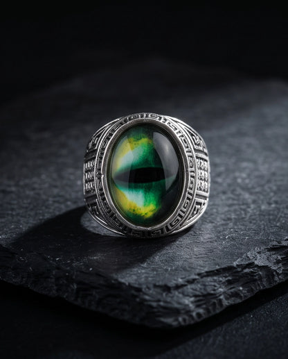 Emerald Green Slit-Pupil Dragon-Eye Greek Key Silver Ring