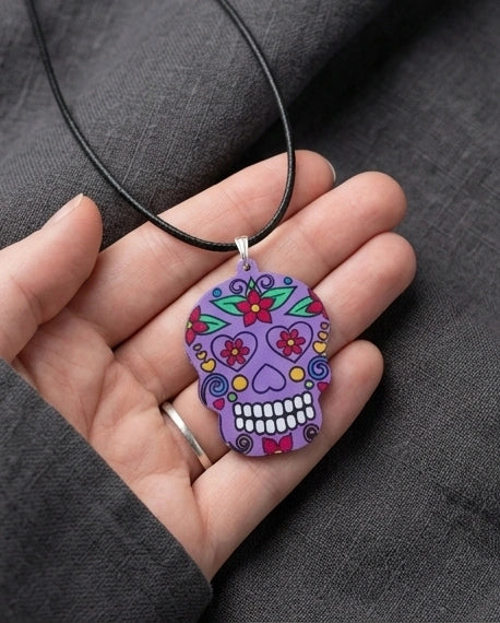 Vibrant Purple Sugar Skull Día de los Muertos Pendant Necklace