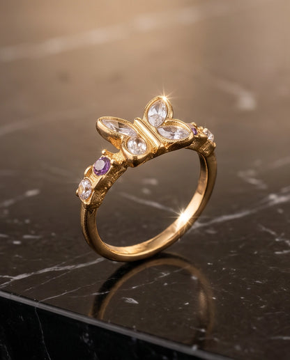 Gold Butterfly Gemstone Band Ring