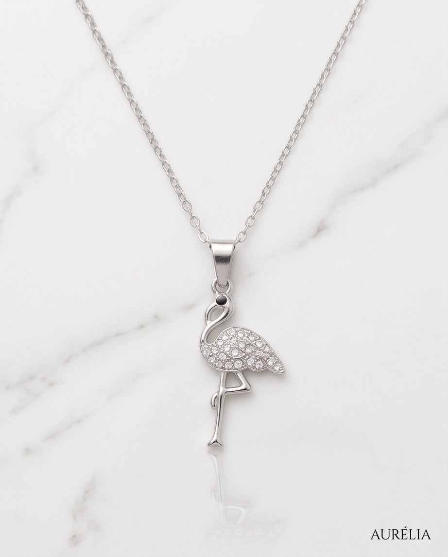 Silver Crystal Paved Flamingo Pendant Necklace