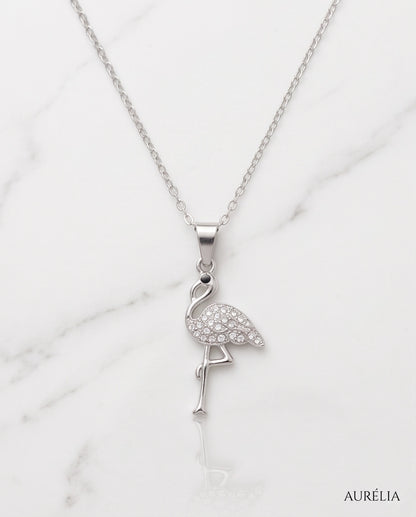 Silver Crystal Paved Flamingo Pendant Necklace