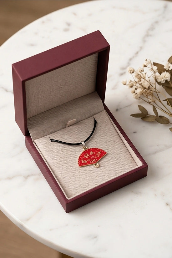Traditional Red Folding Fan "Ji Xiang Ru Yi" Pendant Necklace